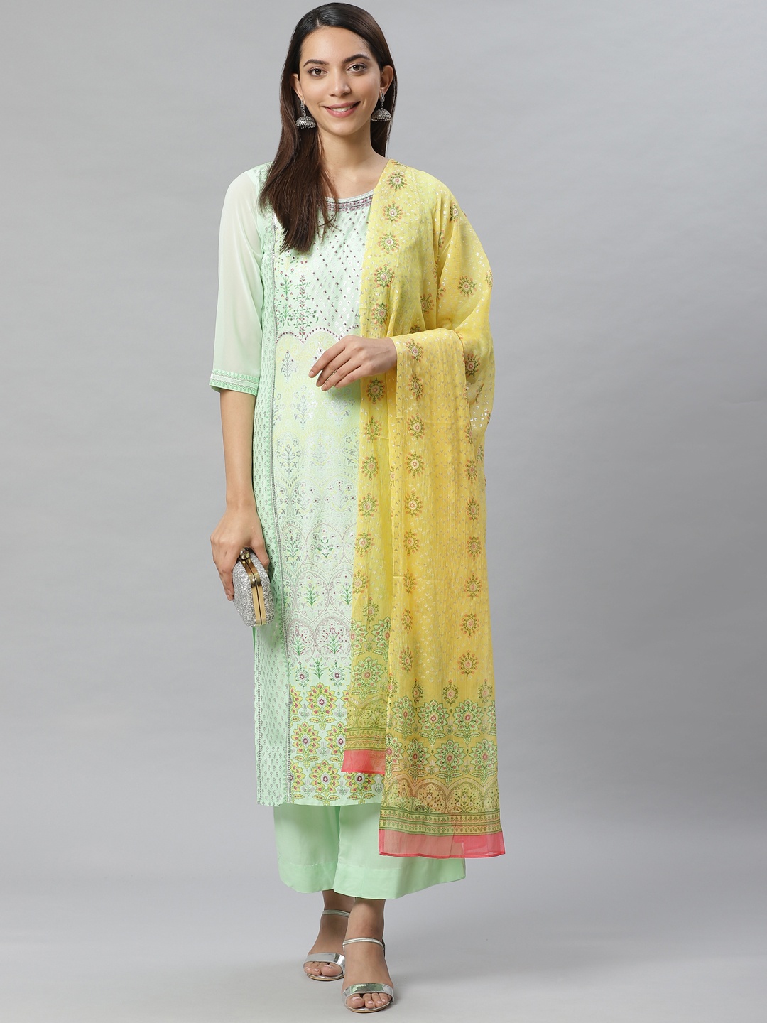 

AURELIA Women Green & Silver Floral Printed Kurta with Palazzos & Dupatta