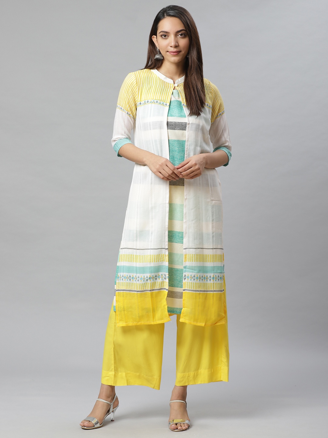 

AURELIA Women Off-White & Green Striped Kurta with Palazzos & Jacket