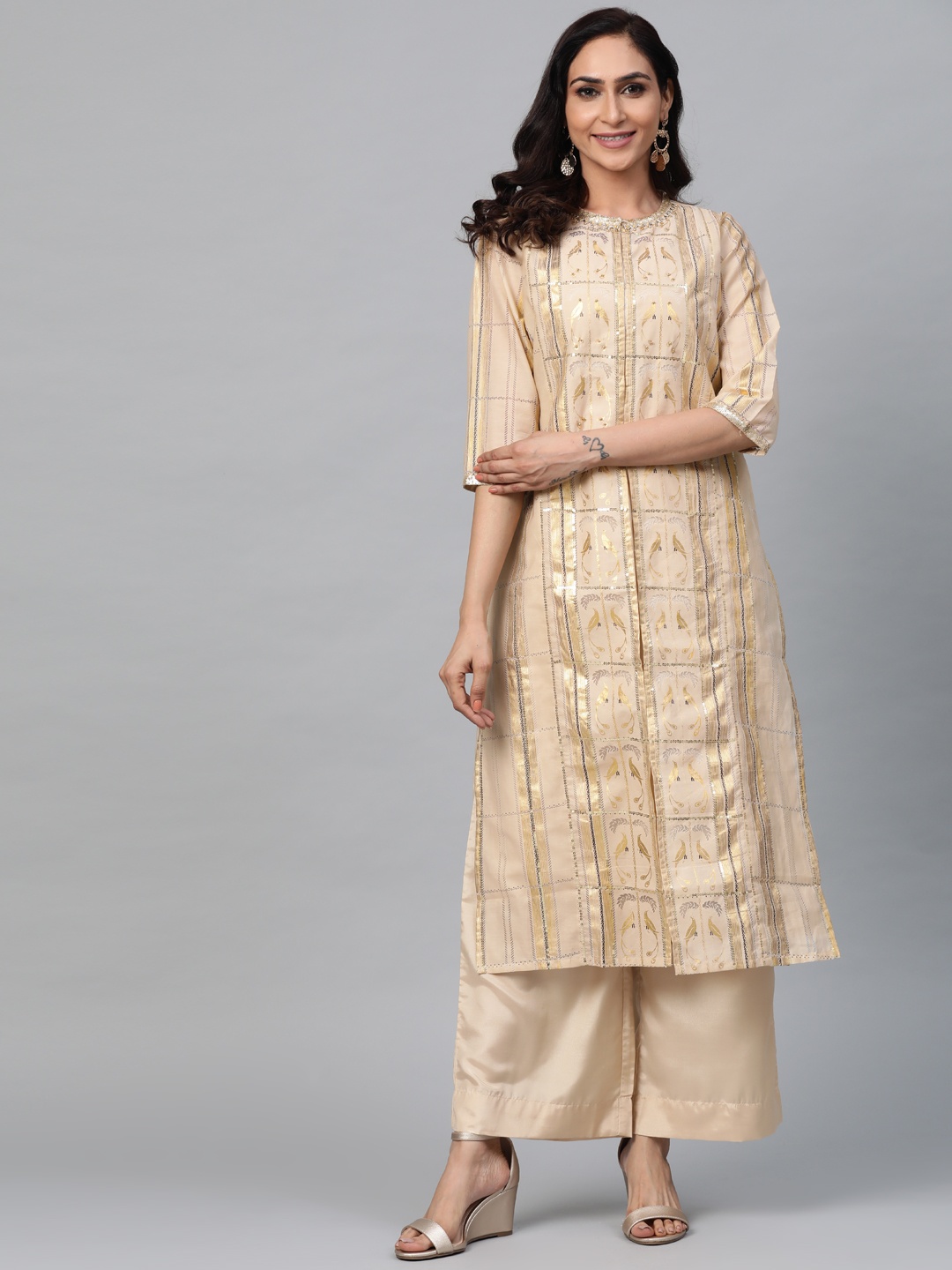 

AURELIA Women Beige & Golden Printed Kurta with Palazzos