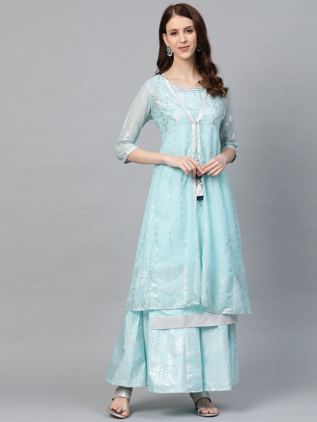

AURELIA Women Blue & Silver Printed Layered Kurta with Palazzos