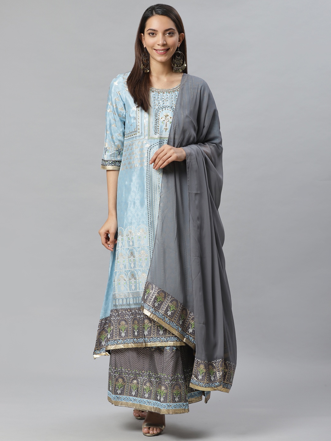 

AURELIA Women Blue & Charcoal Grey Floral Printed Kurta with Skirt & Dupatta