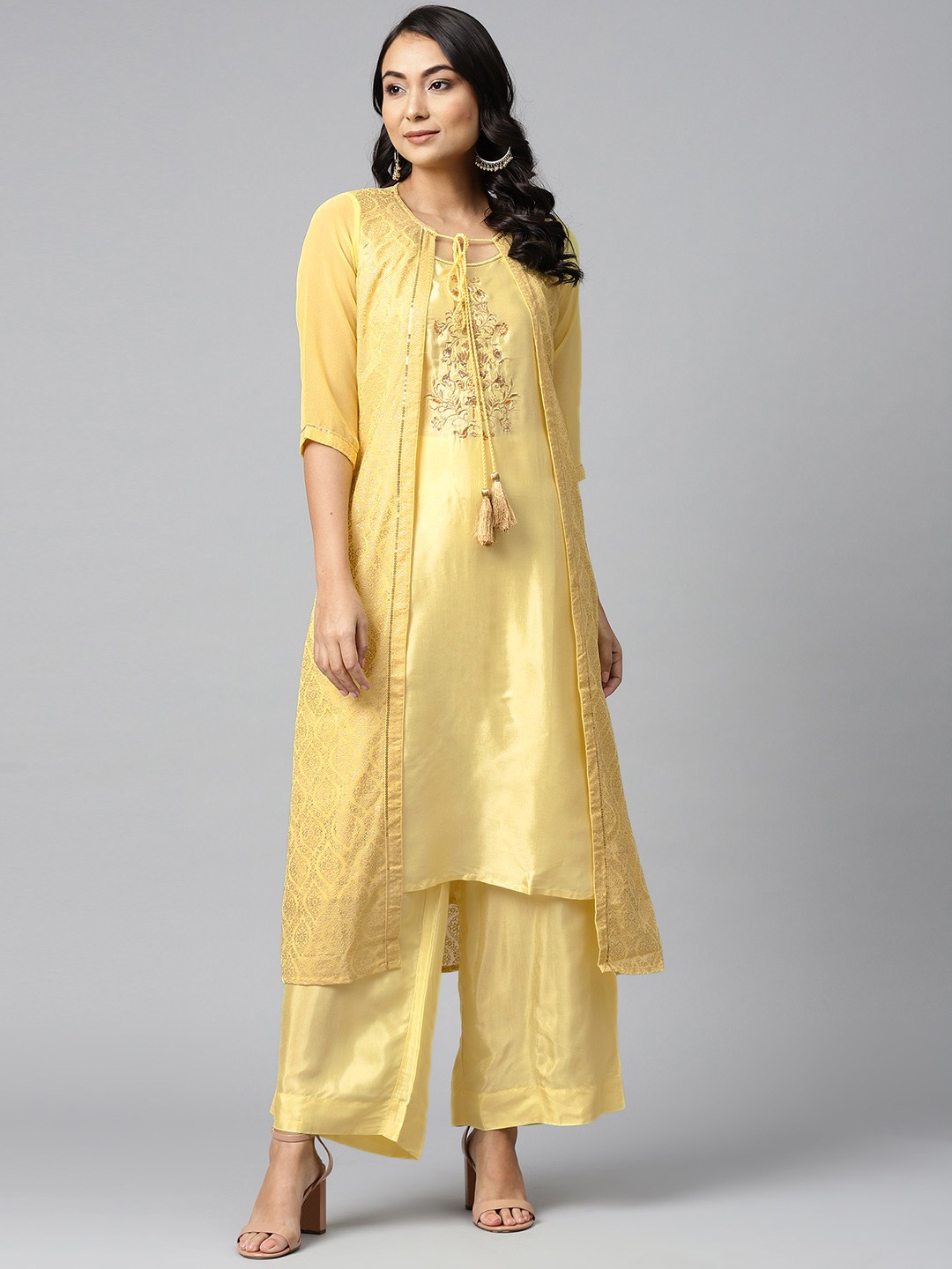 

AURELIA Women Yellow & Golden Yoke Design Layered Kurta with Palazzos