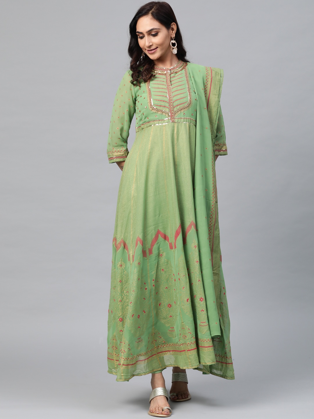

AURELIA Women Green & Pink Printed Anarkali Kurta with Churidar & Dupatta