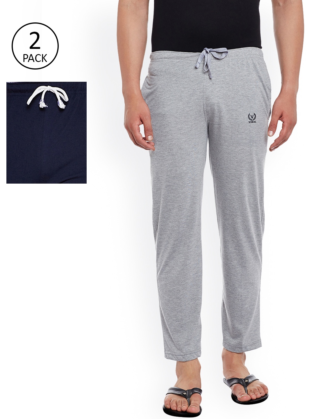 

VIMAL Men Pack of 2 Grey Melange & Navy Blue Solid Lounge Pants