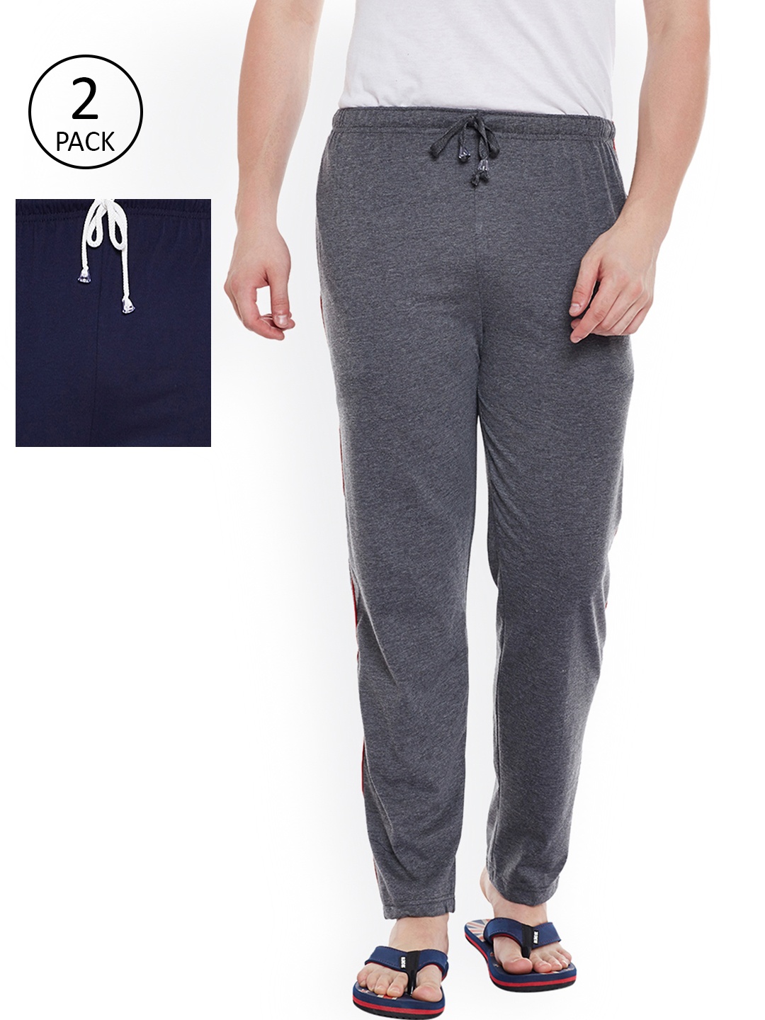 VIMAL Men Pack of 2 Navy Blue & Charcoal Grey Solid Lounge Pants