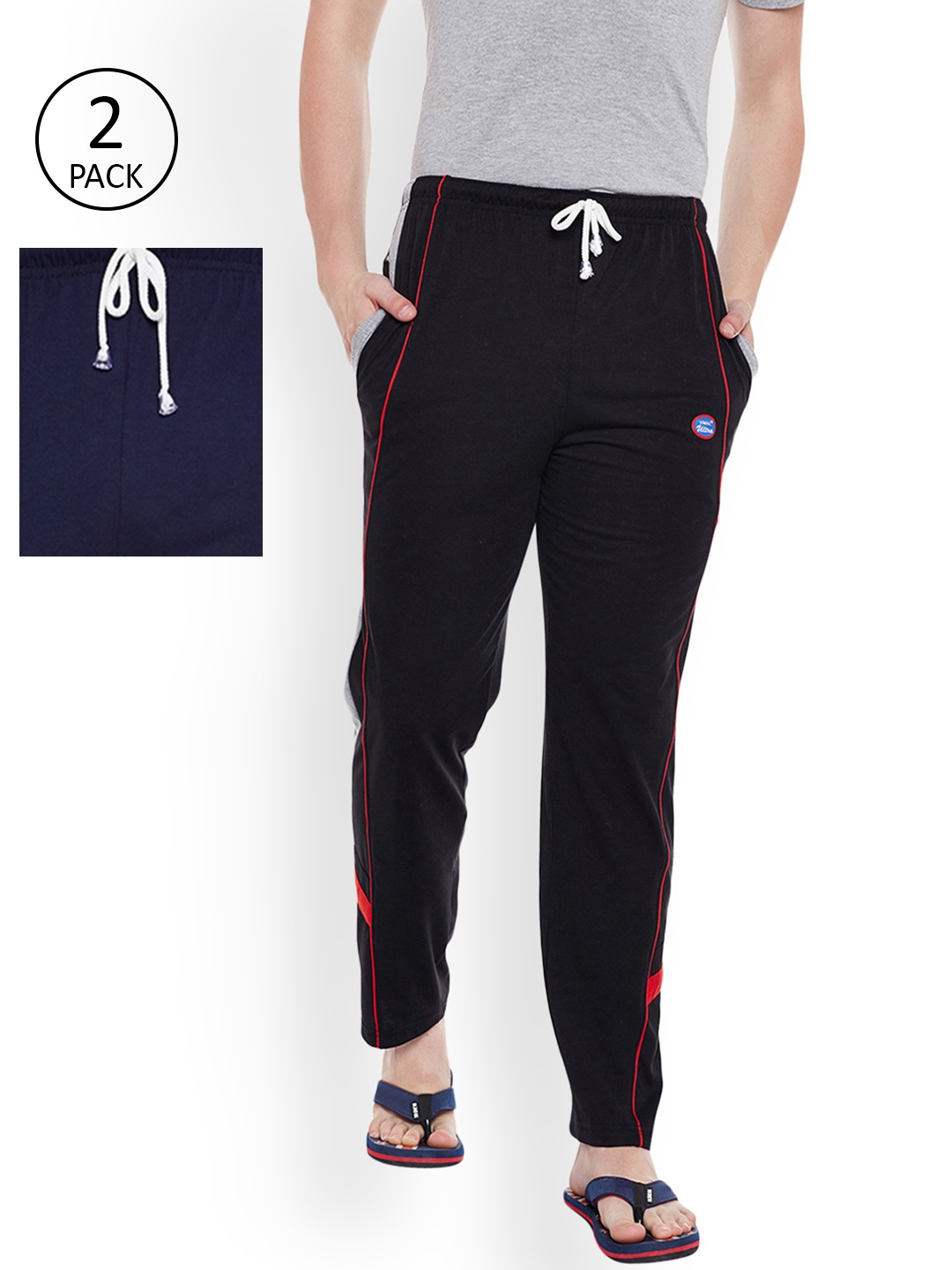 

VIMAL Men Pack of 2 Black & Navy Blue Solid Lounge Pants