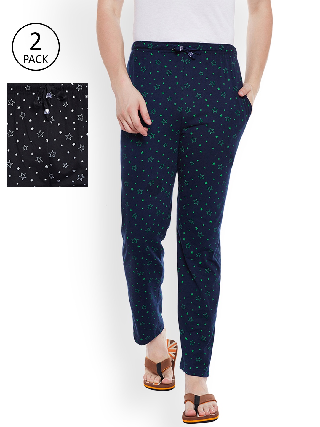 

VIMAL Men Pack of 2 Black & Navy Blue Printed Lounge Pants