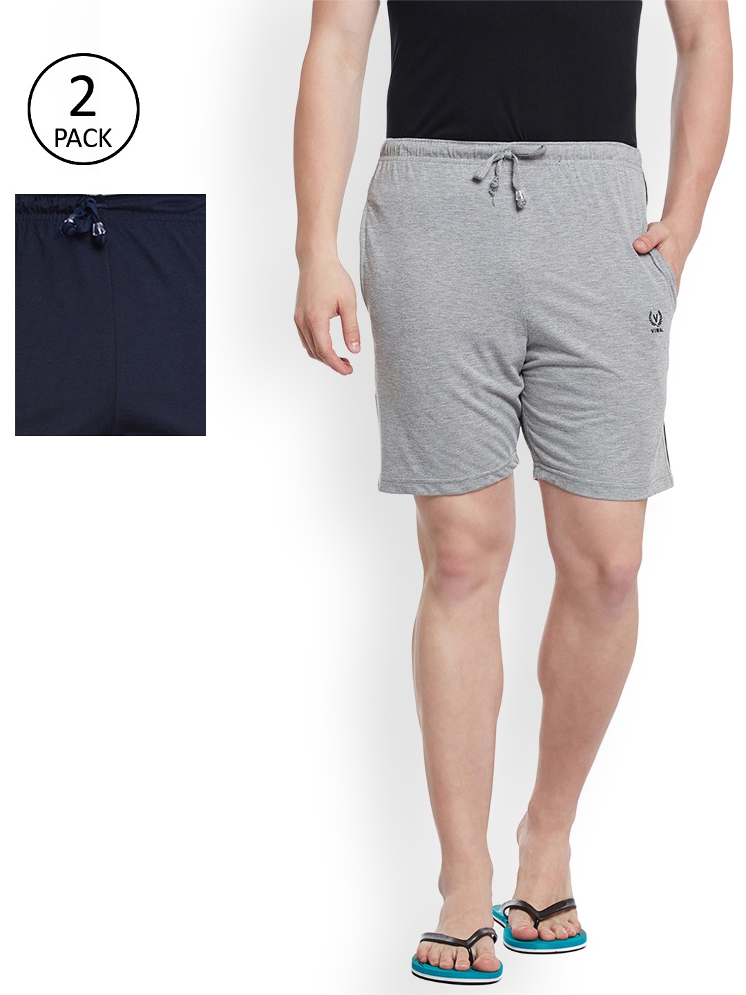 

VIMAL Pack Of 2 Navy Blue & Grey Melange Solid Lounge Shorts