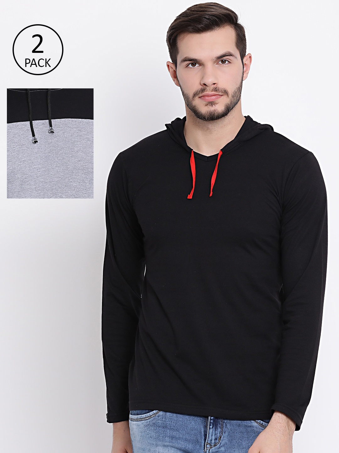 

VIMAL JONNEY Men Pack Of 2 Black & Grey Melange Hooded T-shirt