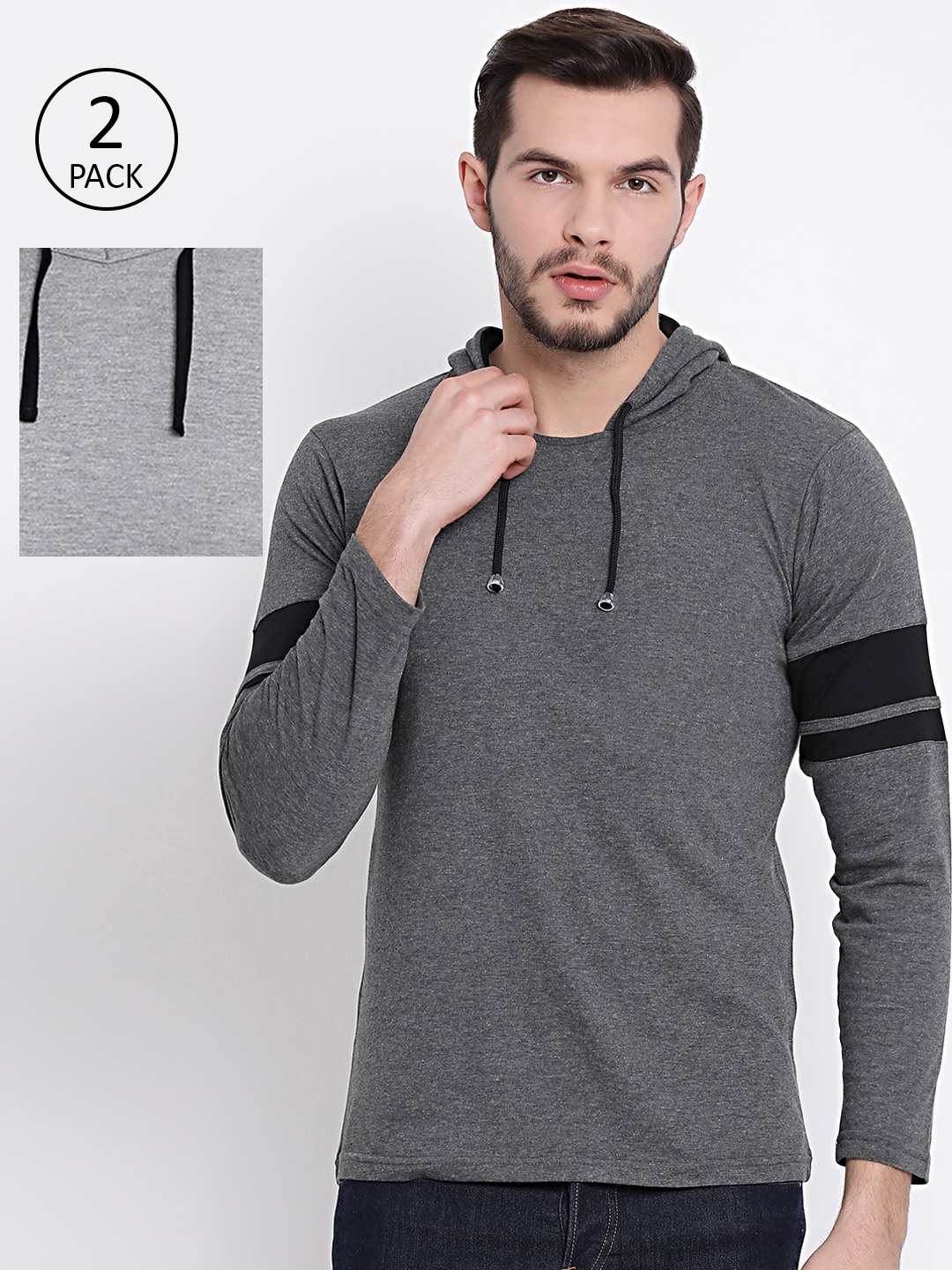 

MACK JONNEY Men Pack Of 2 Grey Solid Hooded T-shirt, Charcoal