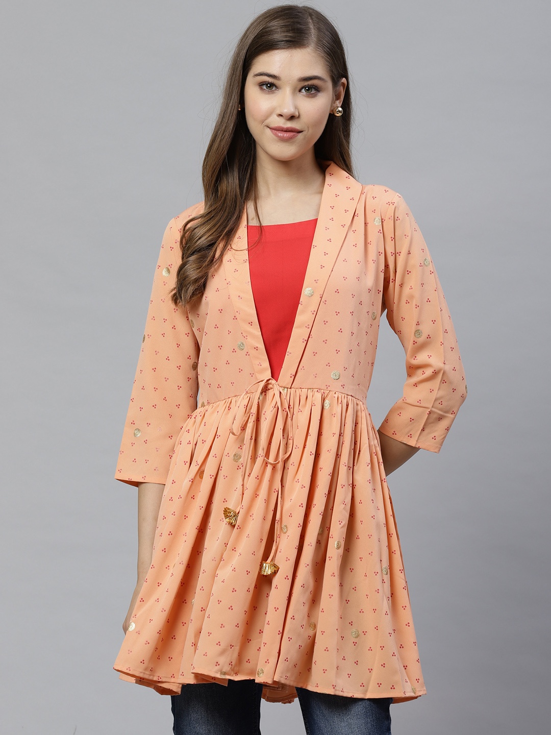 

Ahalyaa Women Peach-Coloured & Red Printed Tunic