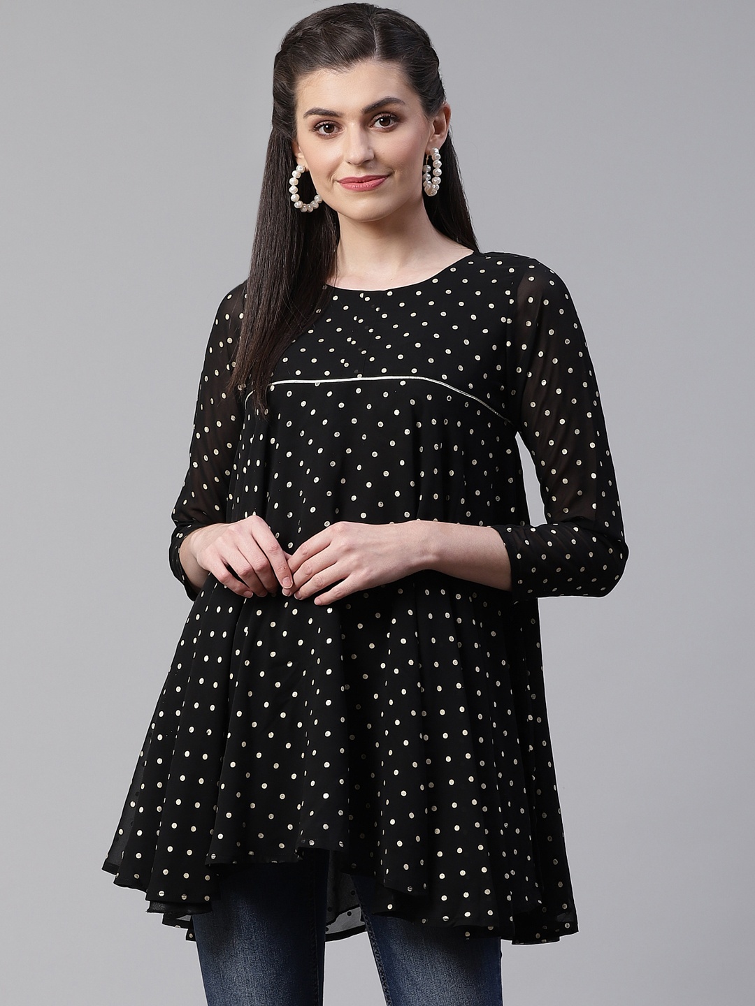 

Ahalyaa Women's Black & White Polka Dots Print A-Line Tunic