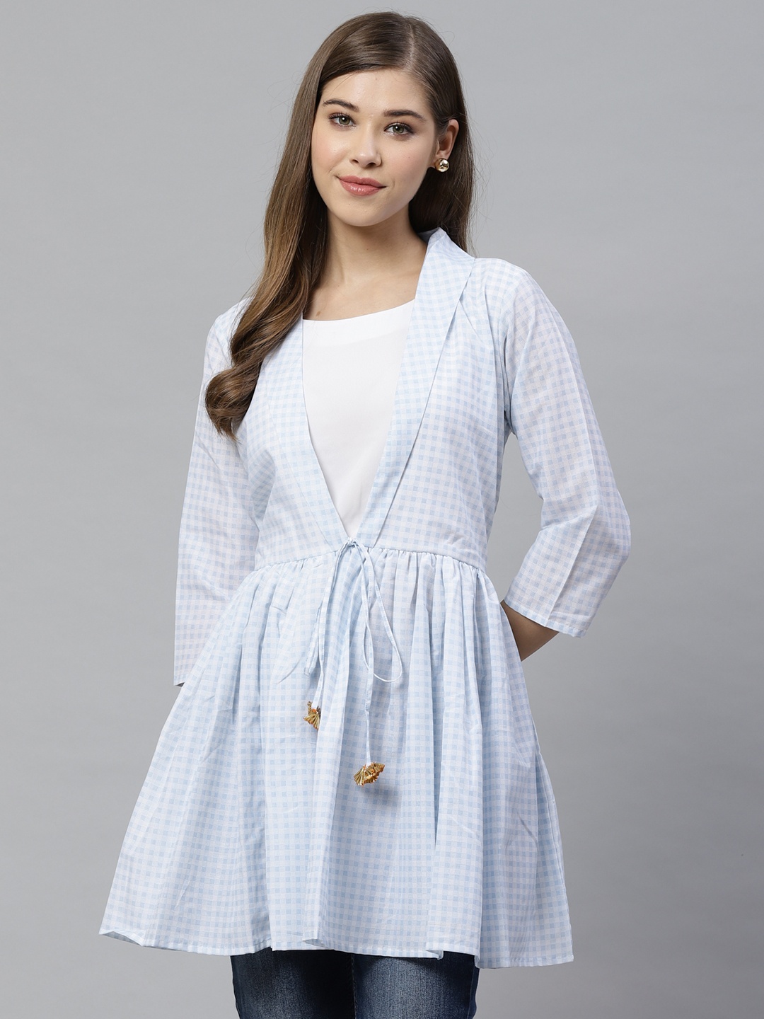 

Ahalyaa Women Blue & White Checked Waist Tie-Up Tunic