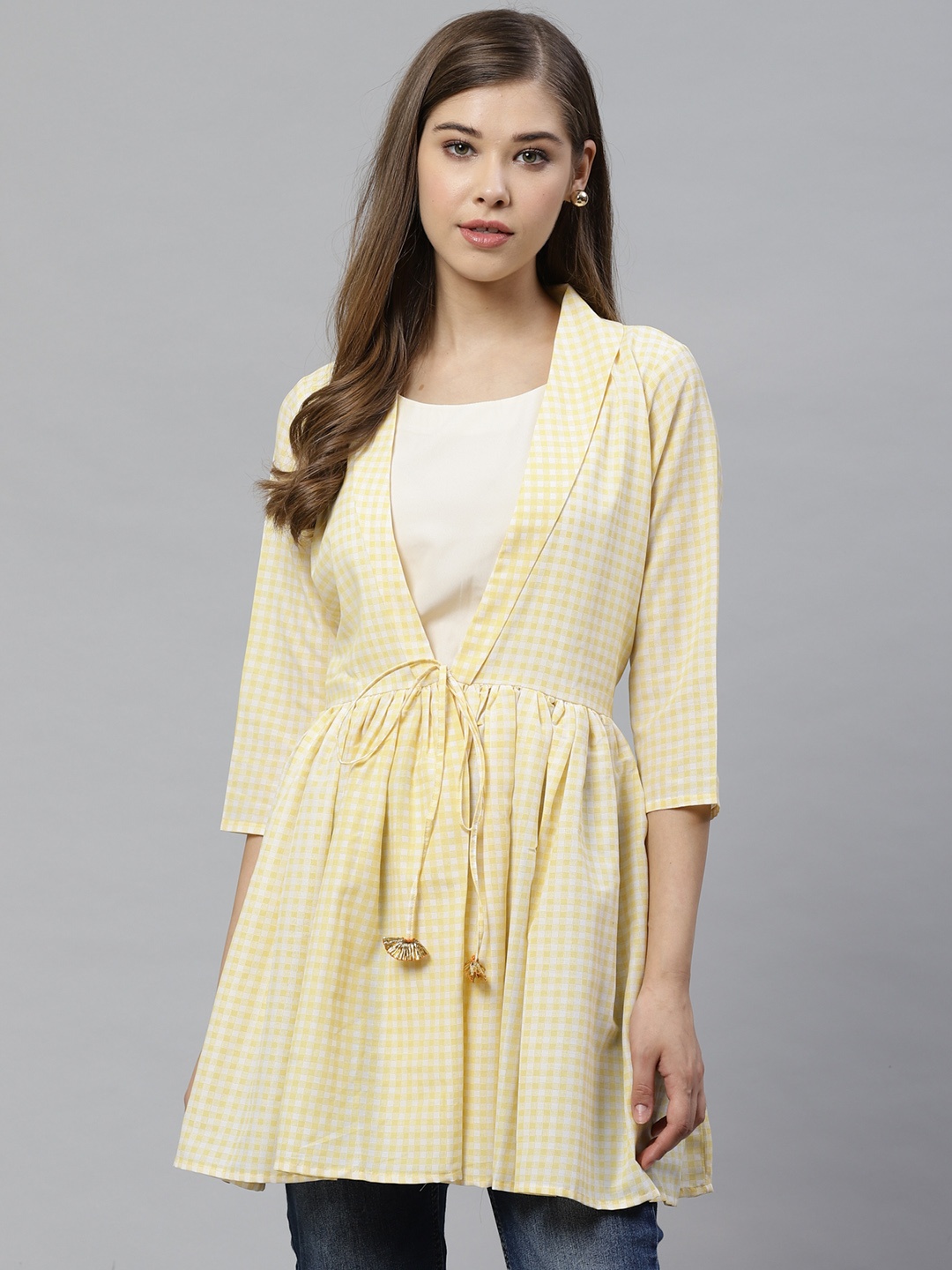 

Ahalyaa Women Yellow & White Checked Waist Tie-Up Top