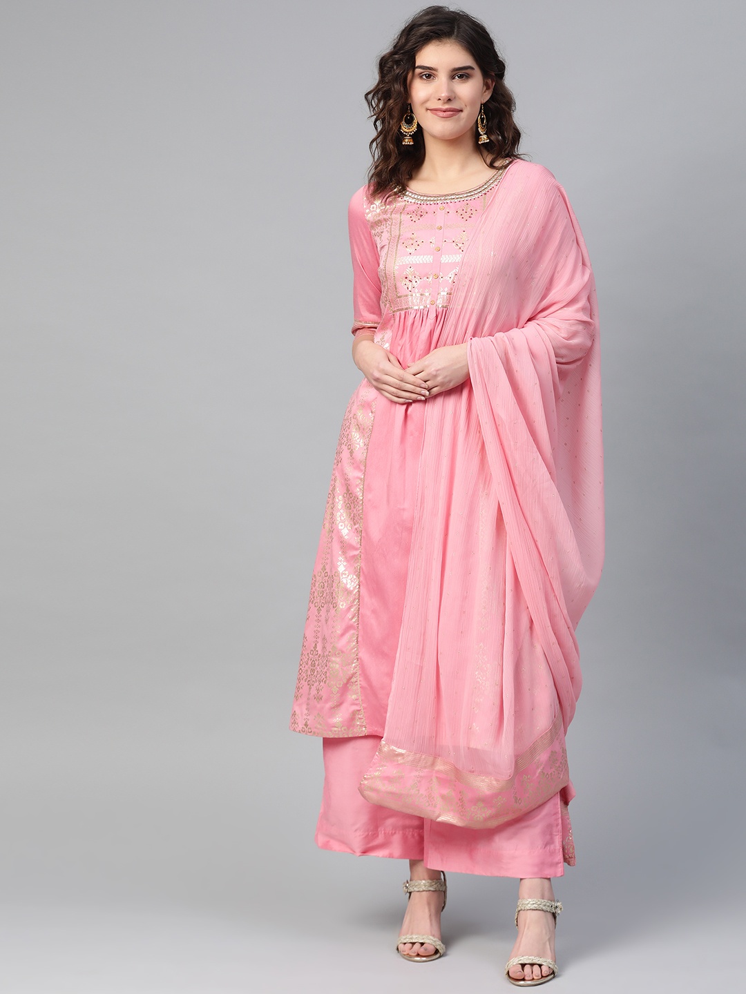 

AURELIA Women Pink & Golden Printed Kurta with Palazzos & Dupatta