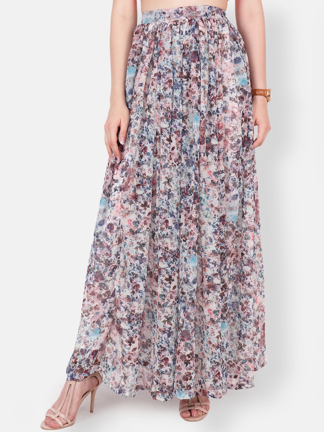

SCORPIUS Women Off-White & Blue Floral Printed Flared Maxi Skirt
