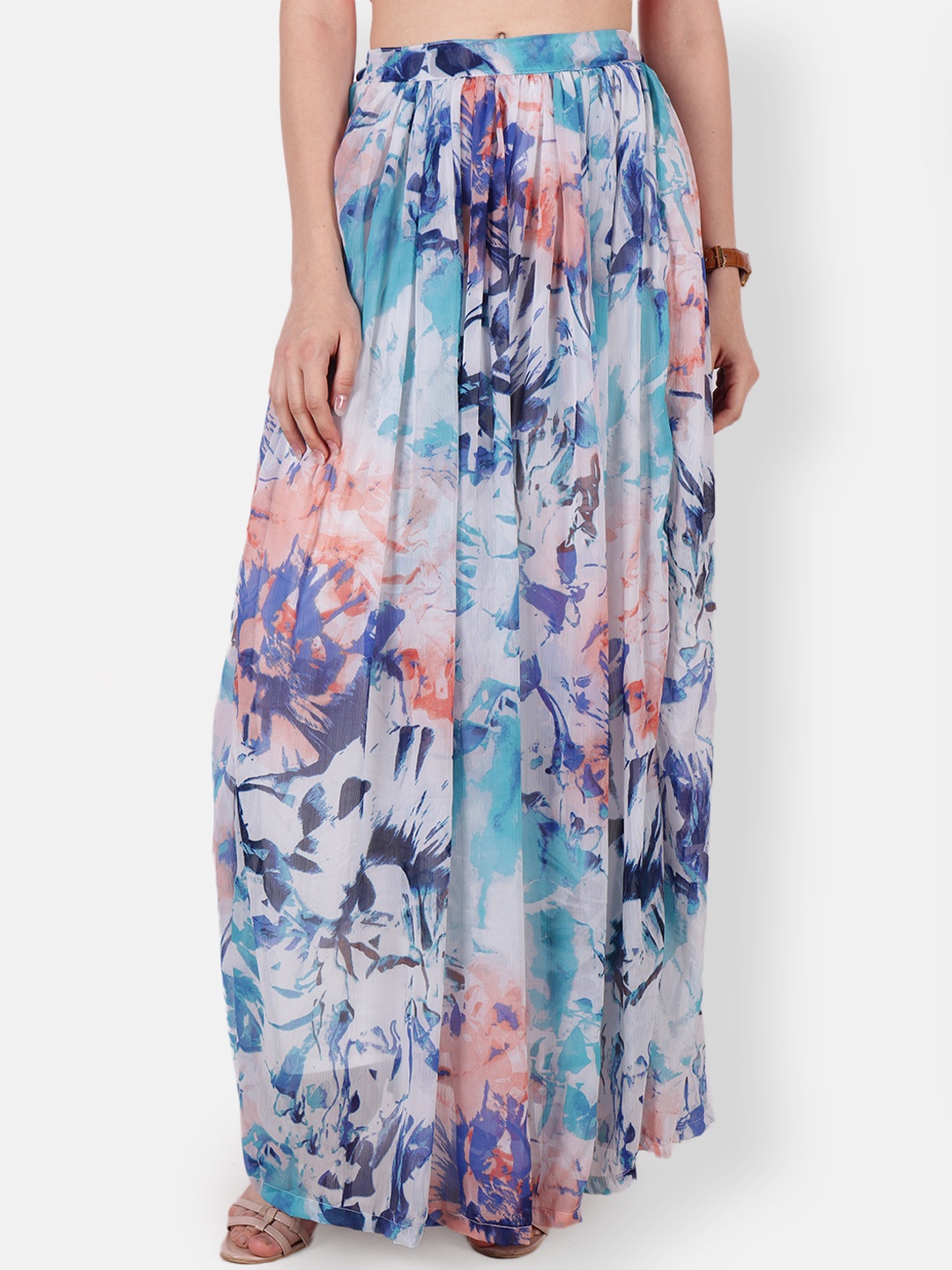

SCORPIUS Women White & Blue Floral Printed Flared Maxi Skirt