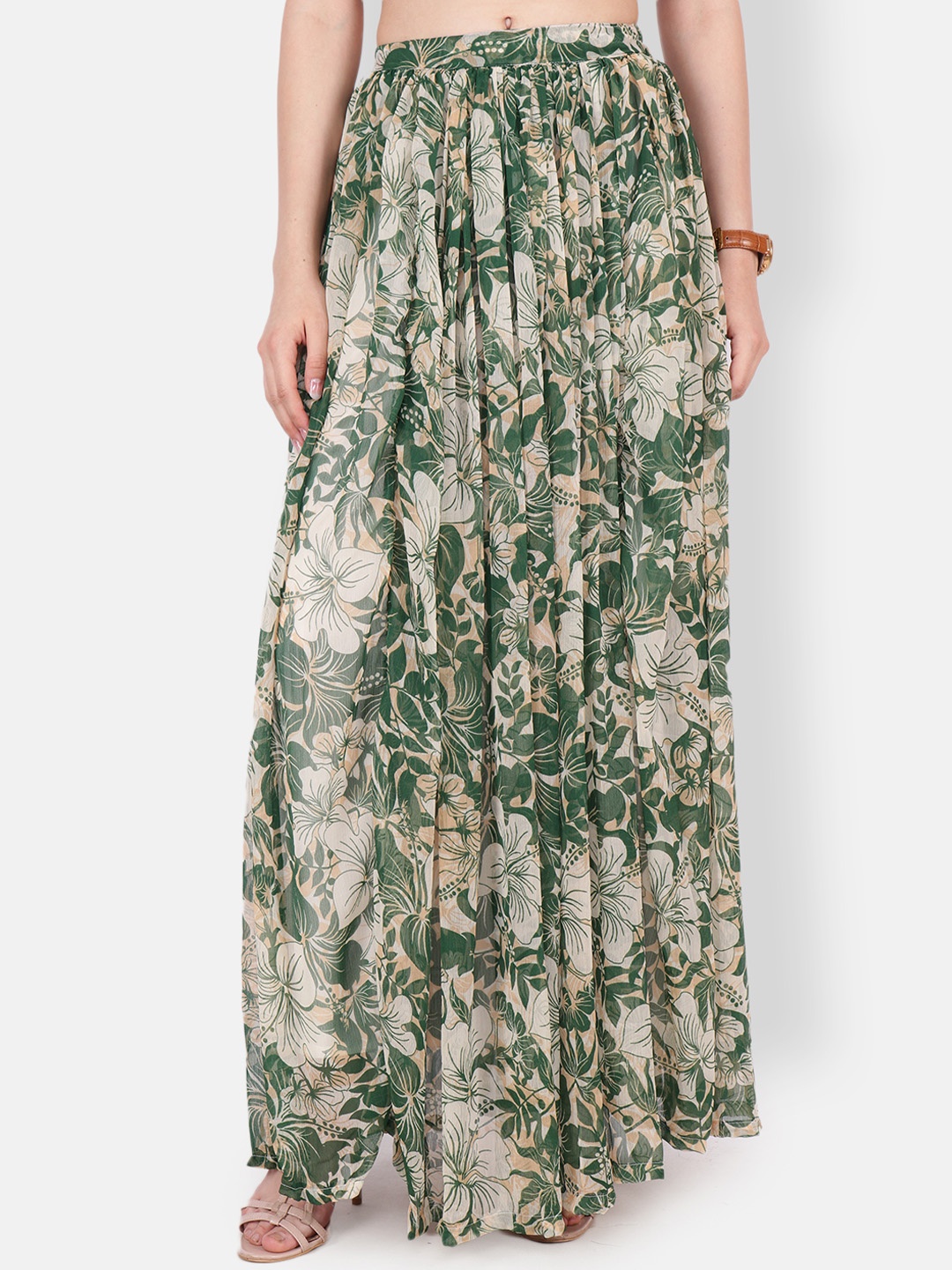 

SCORPIUS Women Green & Off-White Printed Flared Maxi Skirt