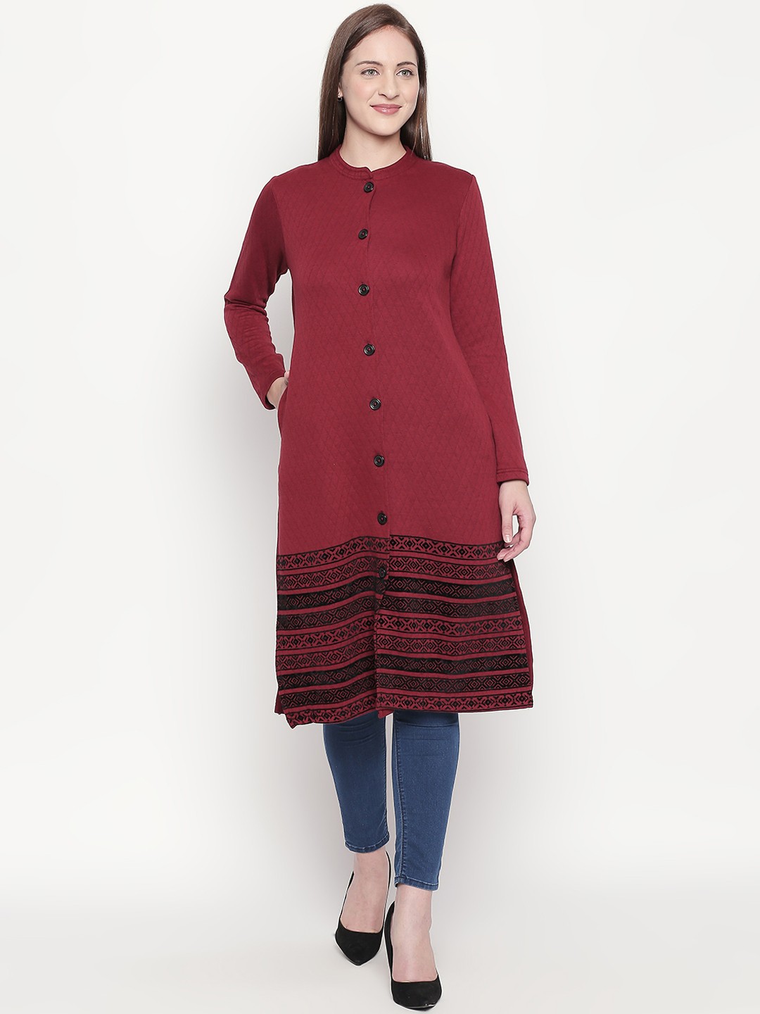 

RANGMANCH BY PANTALOONS Women Rust Red & Black Self-Design Single-Breasted Overcoat