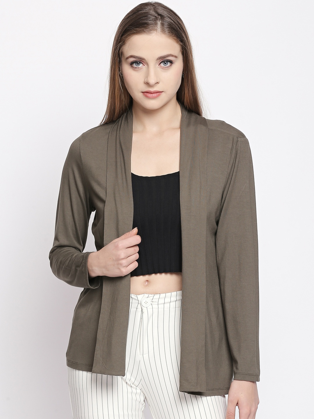 

Annabelle by Pantaloons Women Olive Green Solid Open Front Shrug