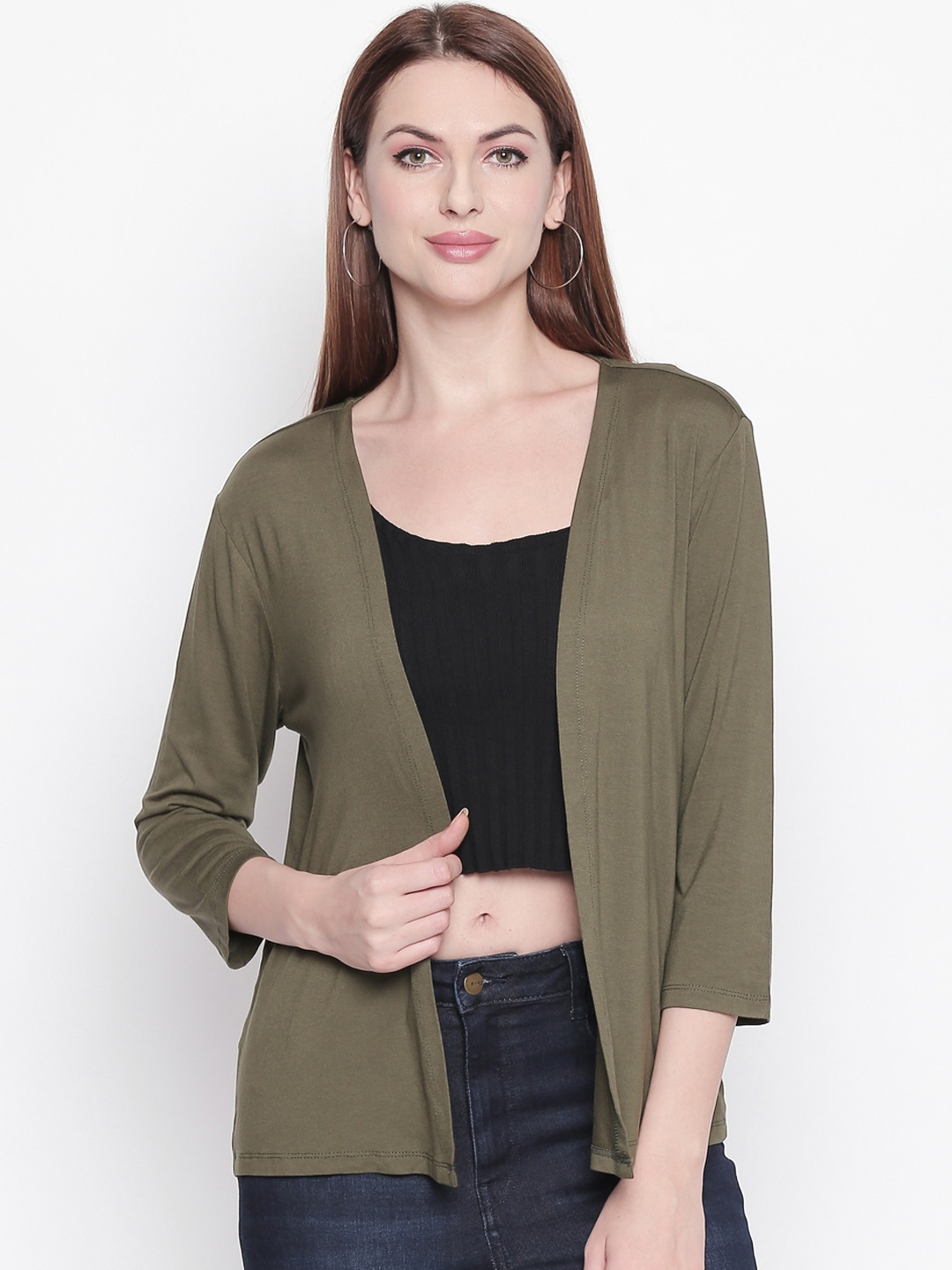 

Honey by Pantaloons Women Olive Green Solid Open Front Shrug