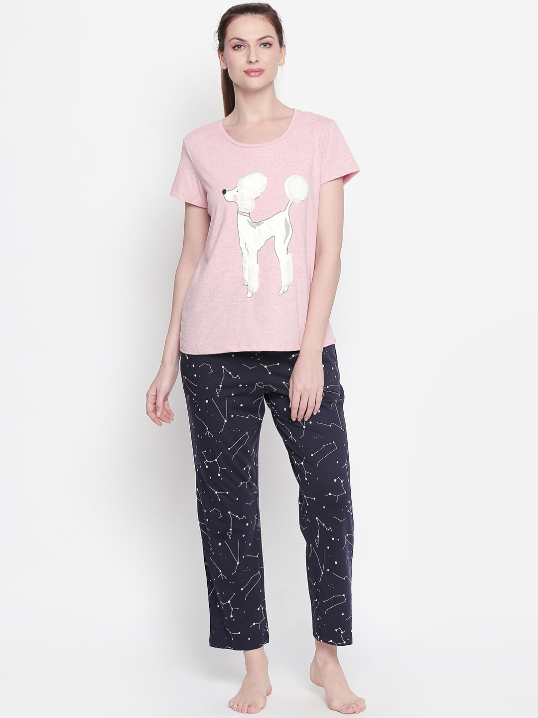 

Dreamz by Pantaloons Women Pink & Navy Blue Printed Night Suit 8905172014731