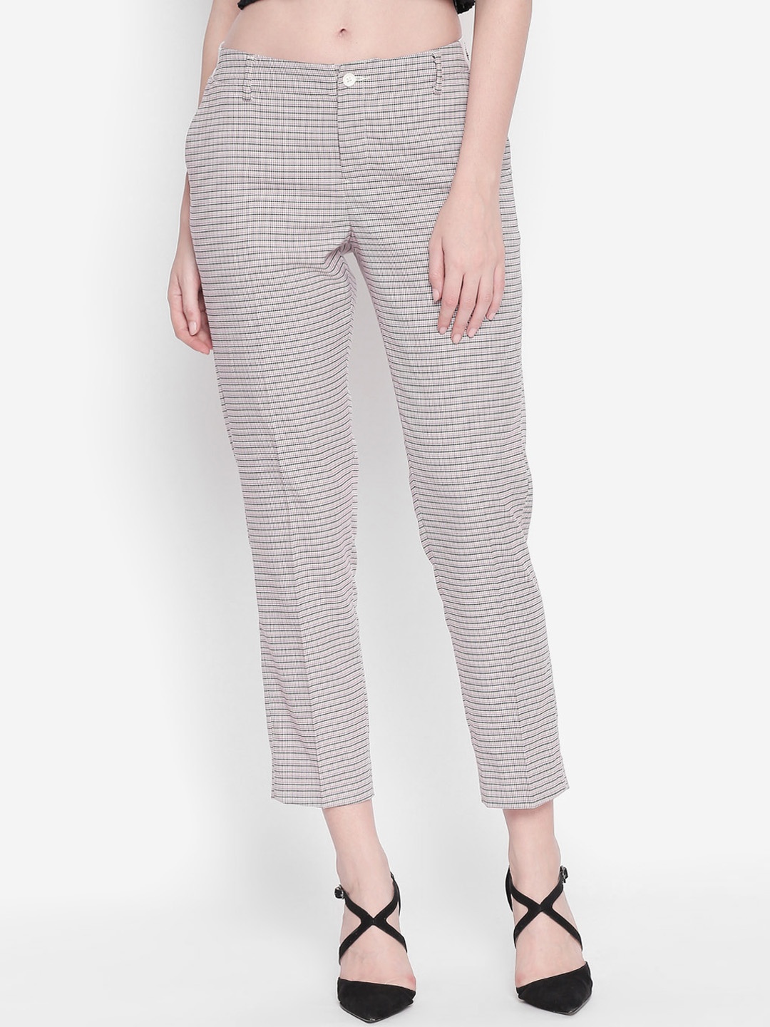 

Annabelle by Pantaloons Women Grey & Black Slim Fit Checked Regular Trousers