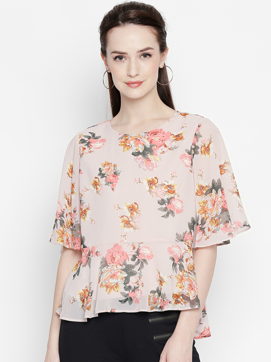 

Forever Glam by Pantaloons Women Pink & Yellow Printed Peplum Top