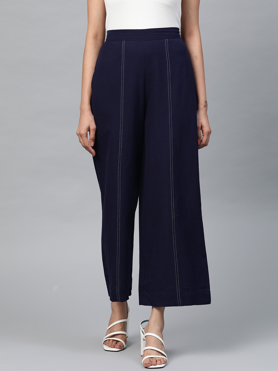 

AURELIA Women Navy Blue Solid Wide Leg Palazzos