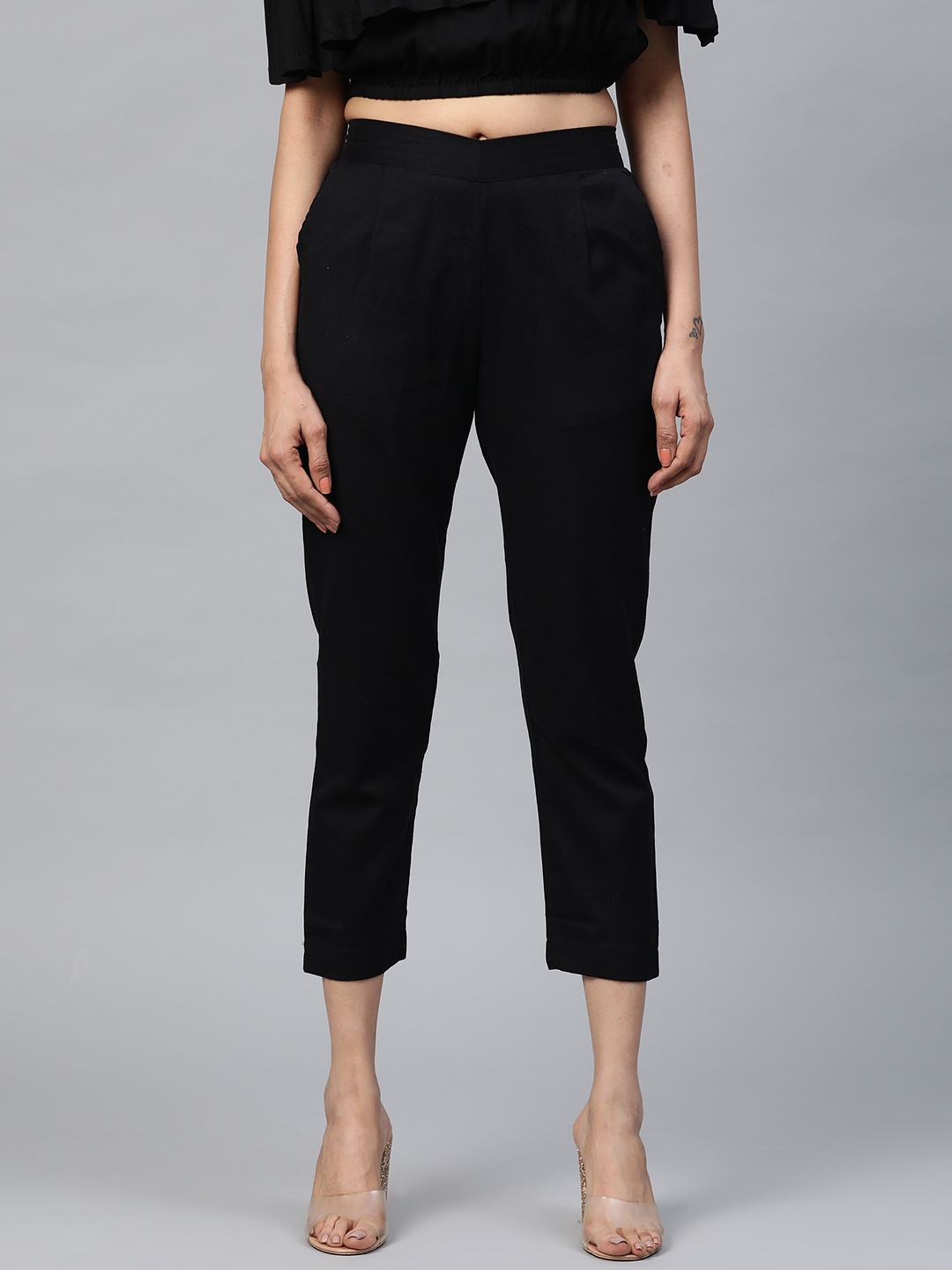 

AURELIA Women Black Regular Fit Solid Cropped Trousers