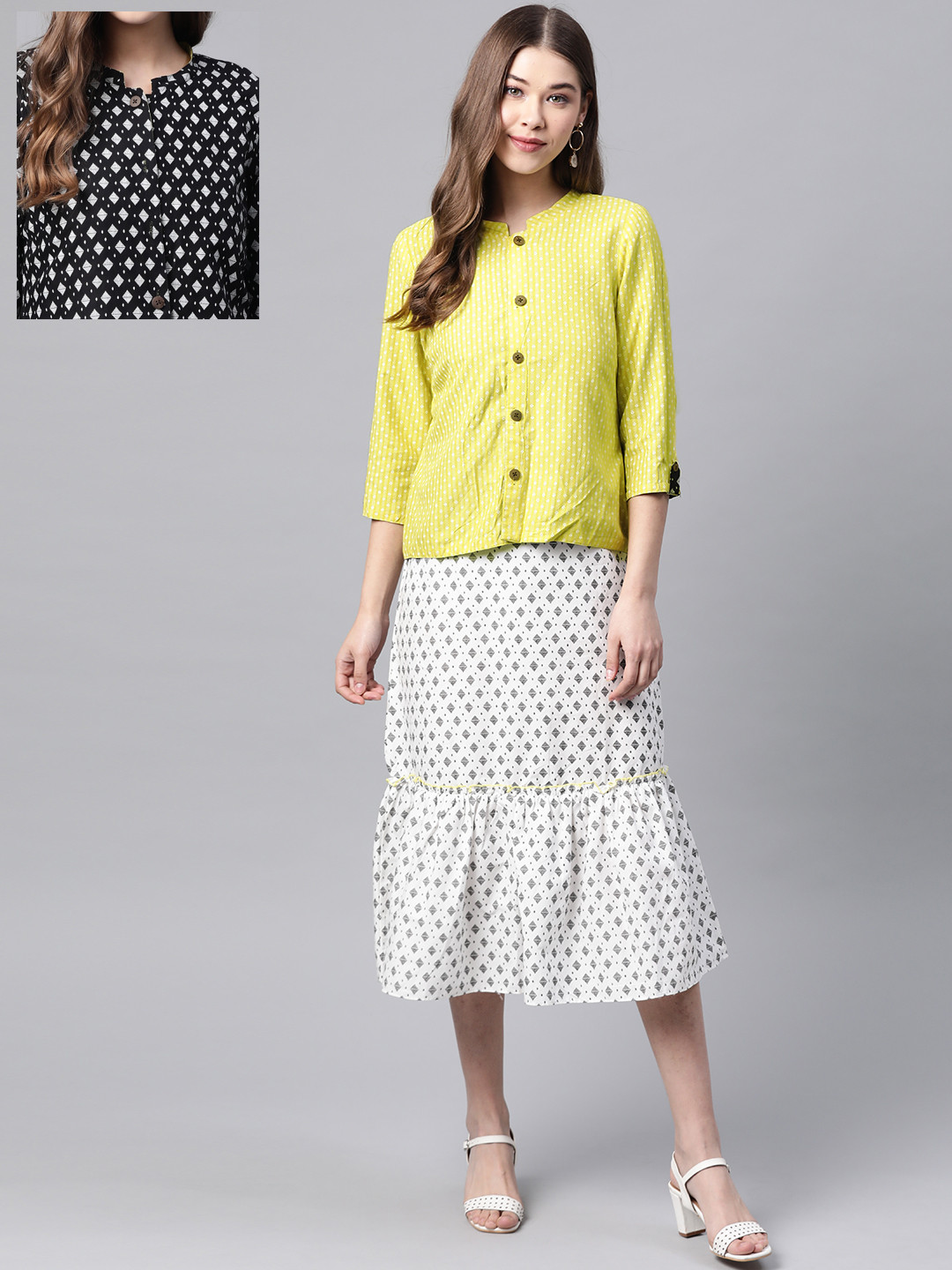 

AURELIA Women White & Black Printed A-Line Dress with Reversible Jacket