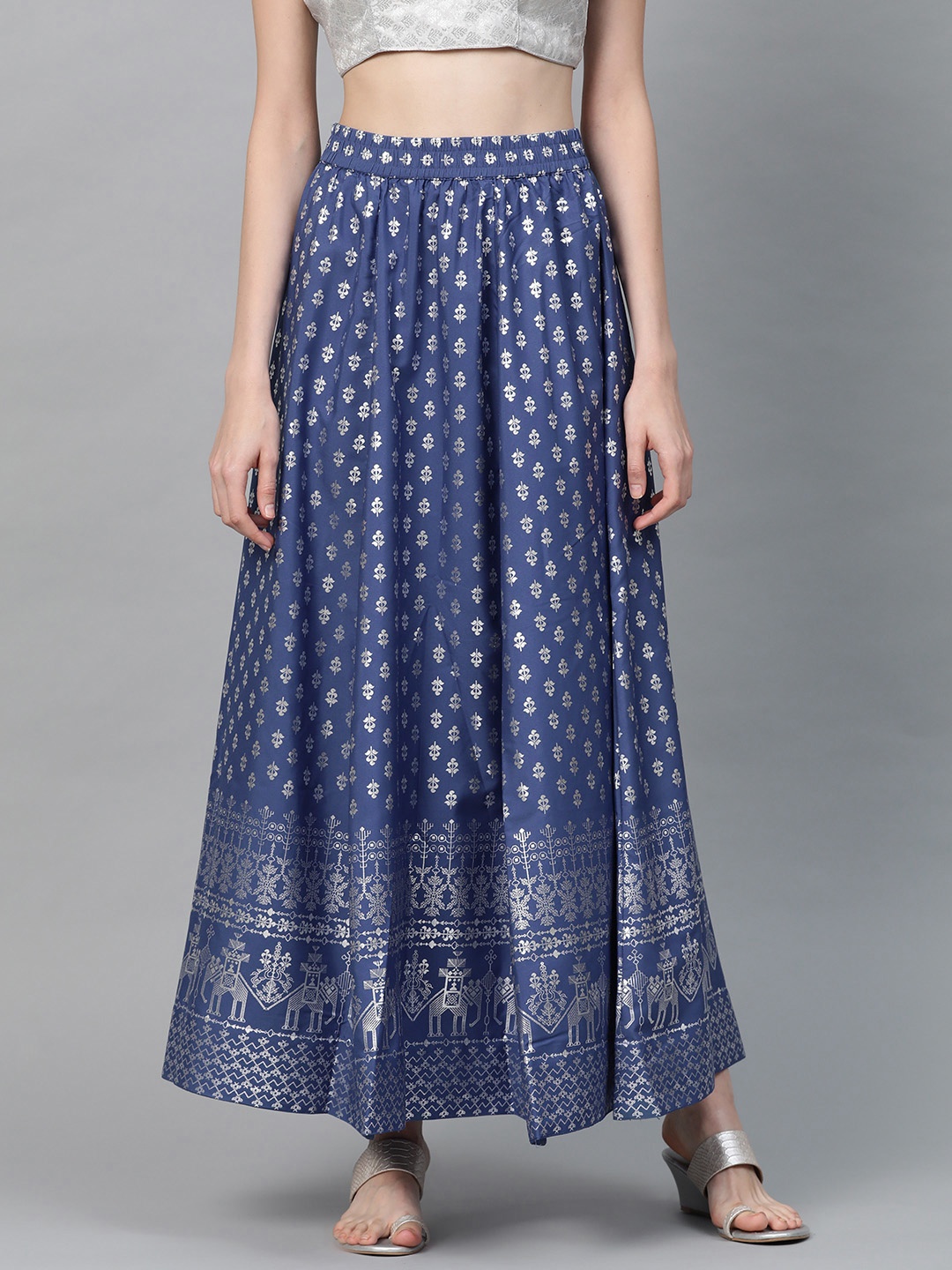 

AURELIA Women Blue & Silver Ethnic Print Flared Maxi Skirt