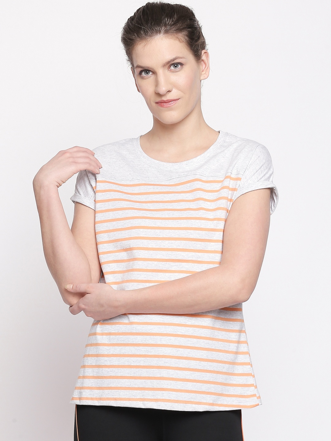 

Ajile by Pantaloons Women Grey & Beige Striped Pure Cotton Top