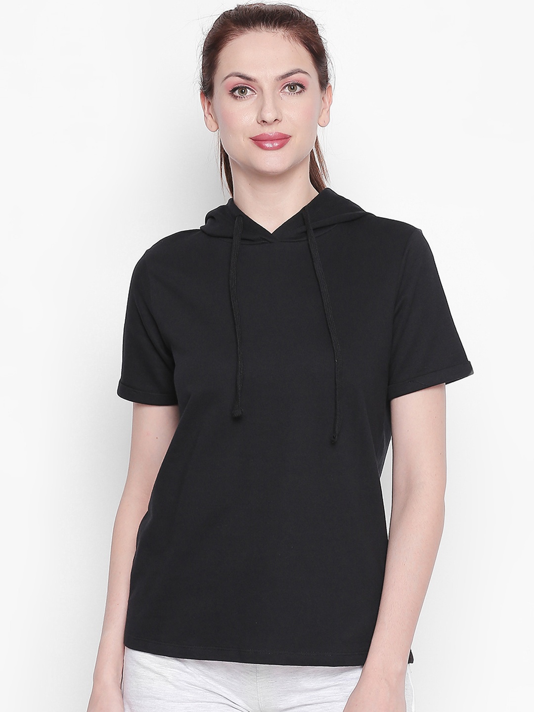 

Ajile by Pantaloons Women Black Solid Hooded Pure Cotton Top