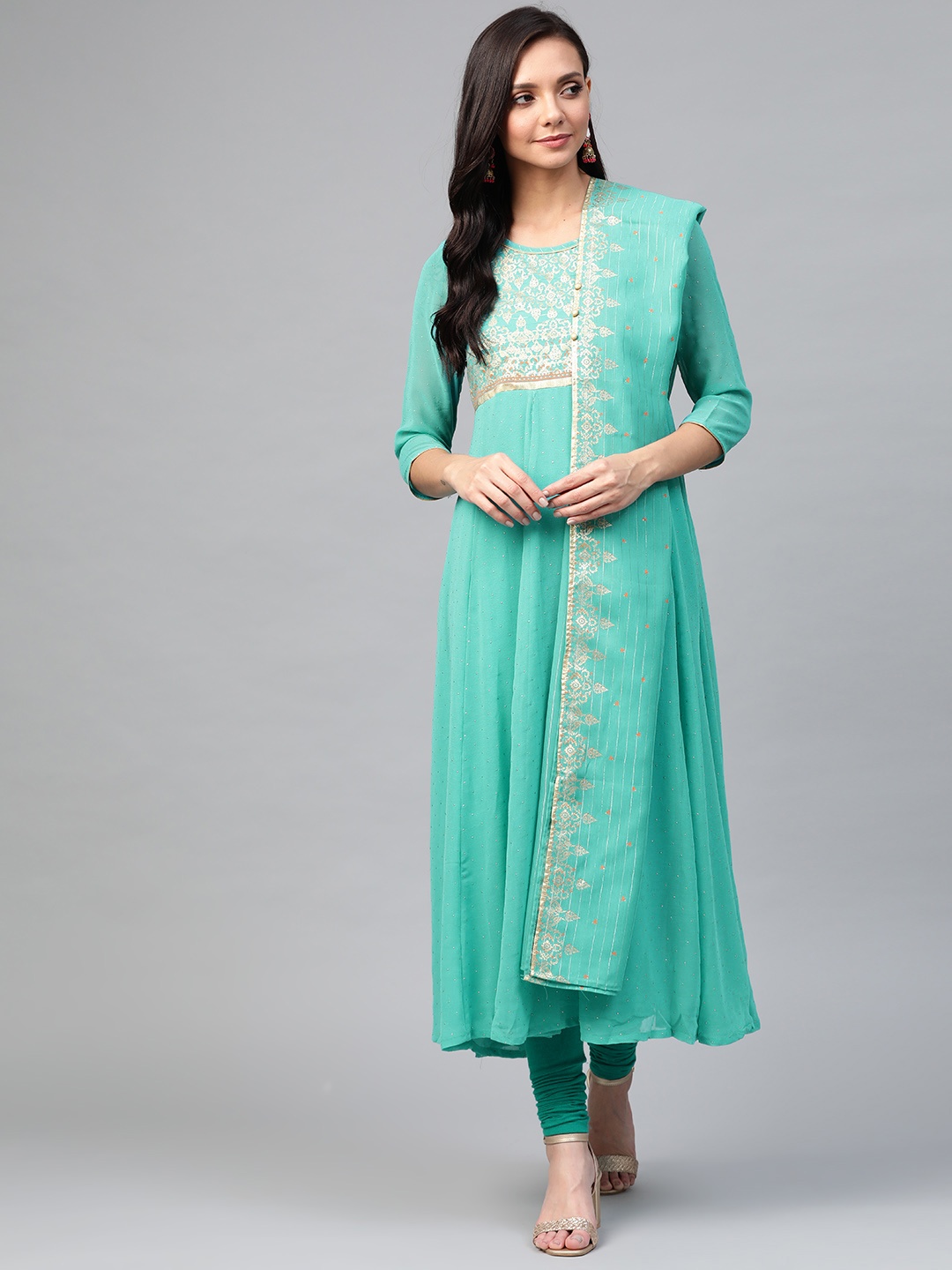 

AURELIA Women Sea Green & Golden Ethnic Print Anarkali Kurta with Dupatta