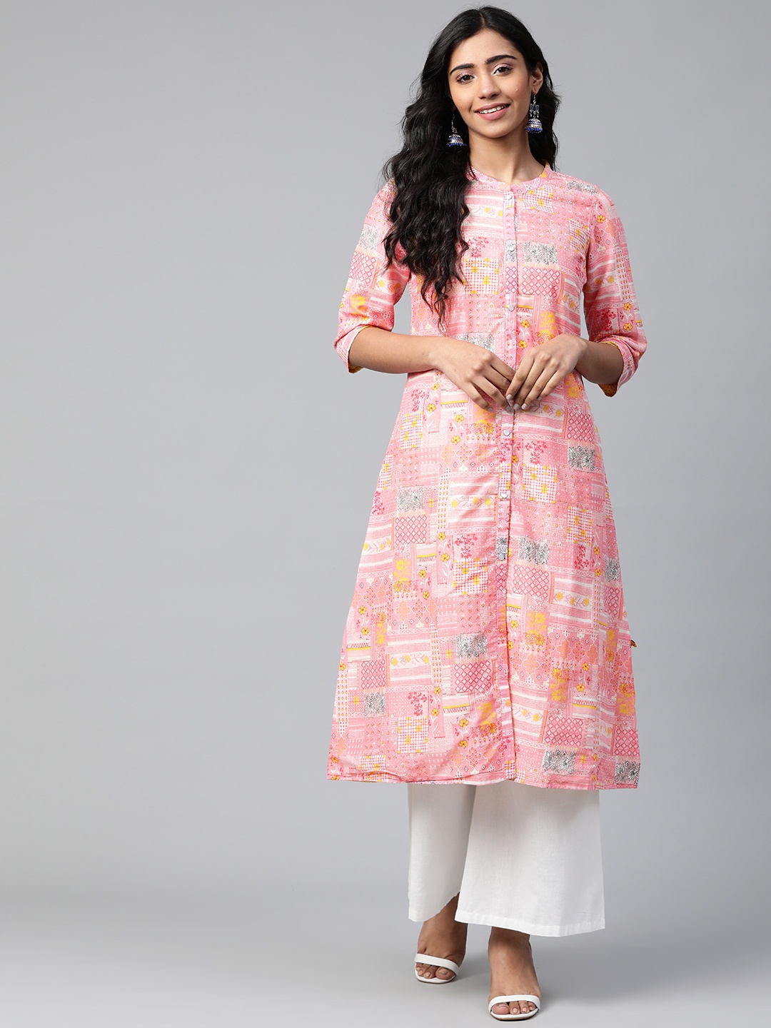 

AURELIA Women Pink & White Printed Pure Cotton A-Line Kurta