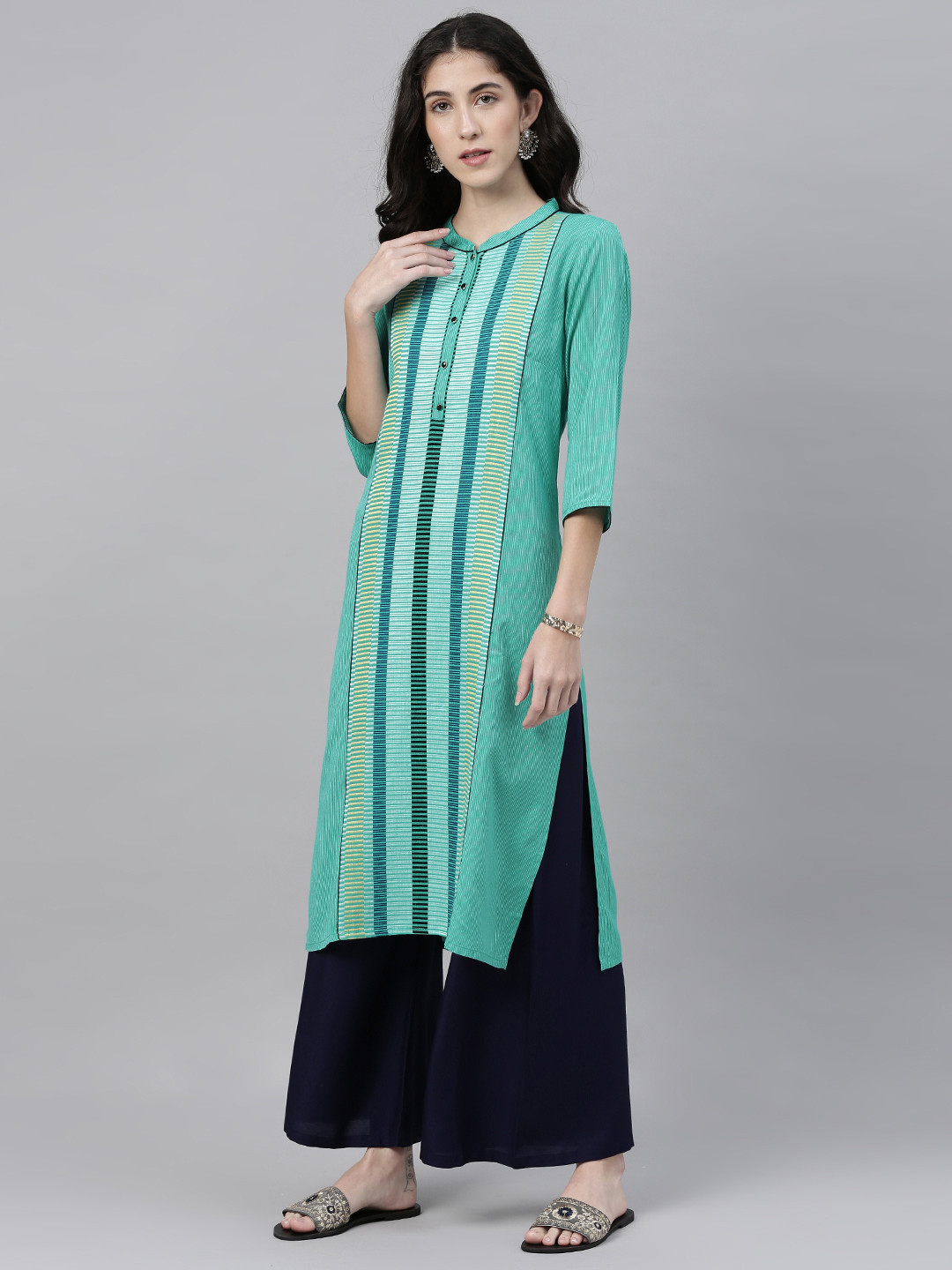 

AURELIA Women Turquoise Blue & White Striped Straight Kurta