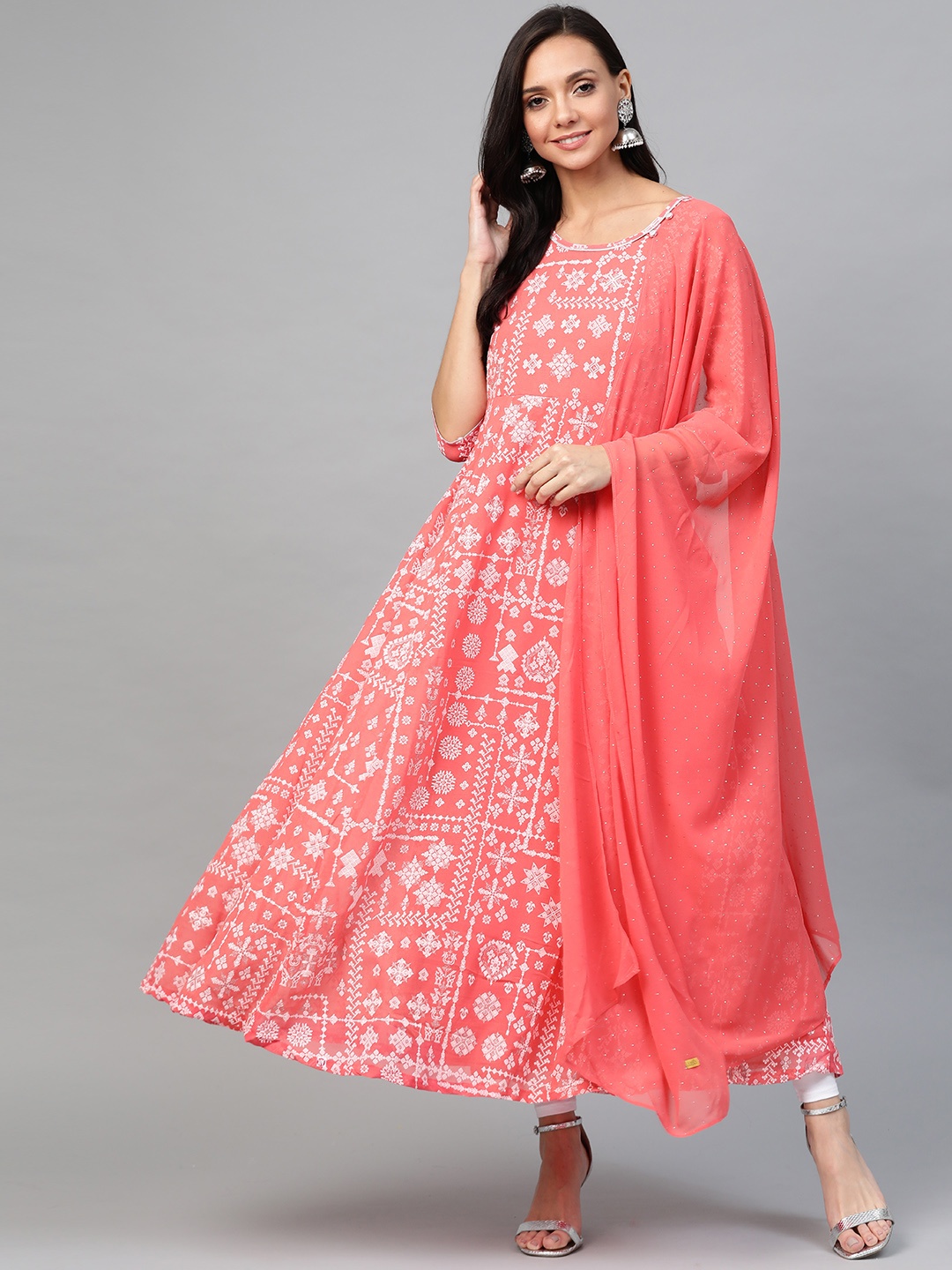 

AURELIA Women Pink & White Ethnic Motifs Print A-Line Kurta with Dupatta