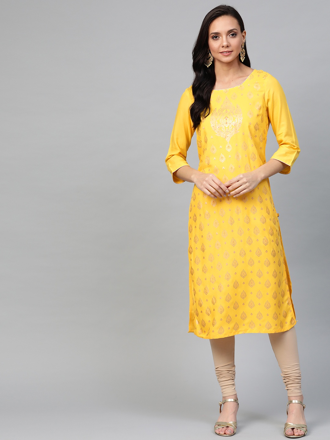 

AURELIA Women Yellow & Golden Ethnic Motifs Printed Straight Kurta