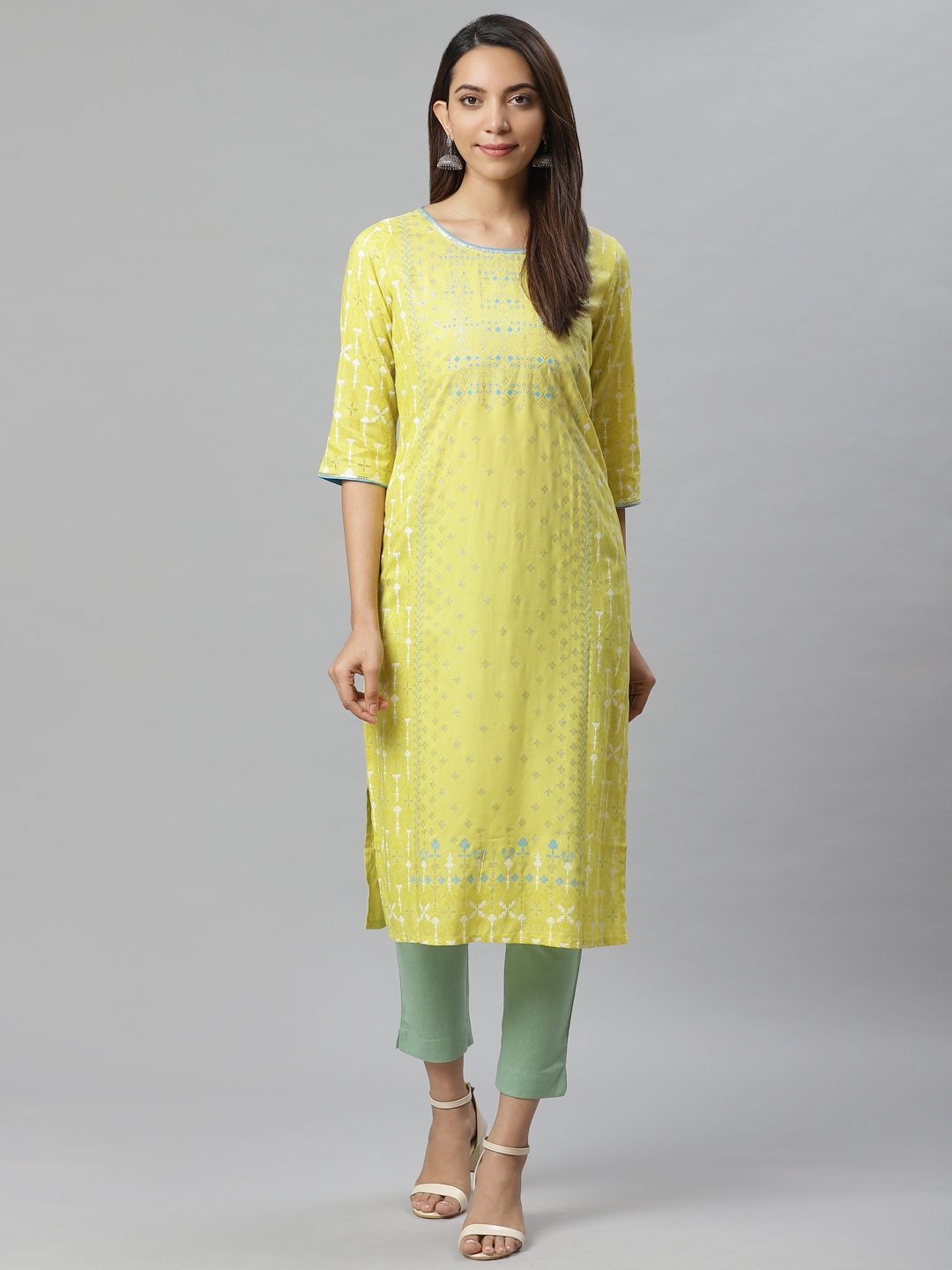 

AURELIA Women Lime Green & Blue Printed Straight Kurta