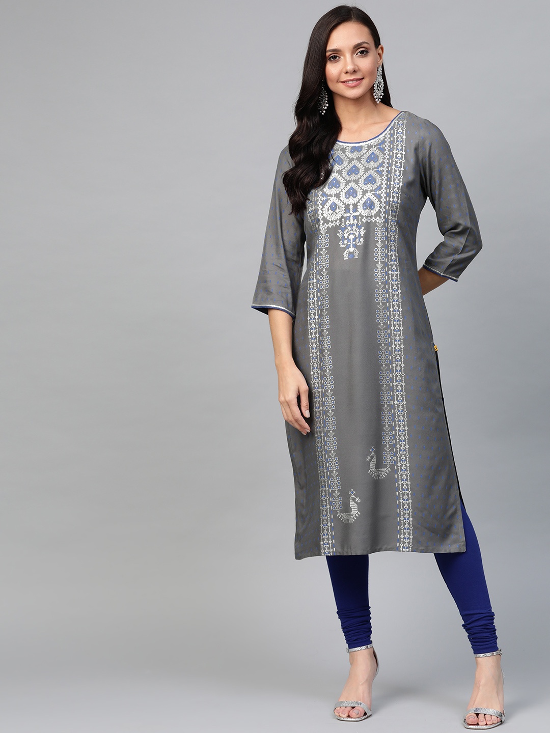 

AURELIA Women Charcoal Grey & Blue Ethnic Print Straight Kurta