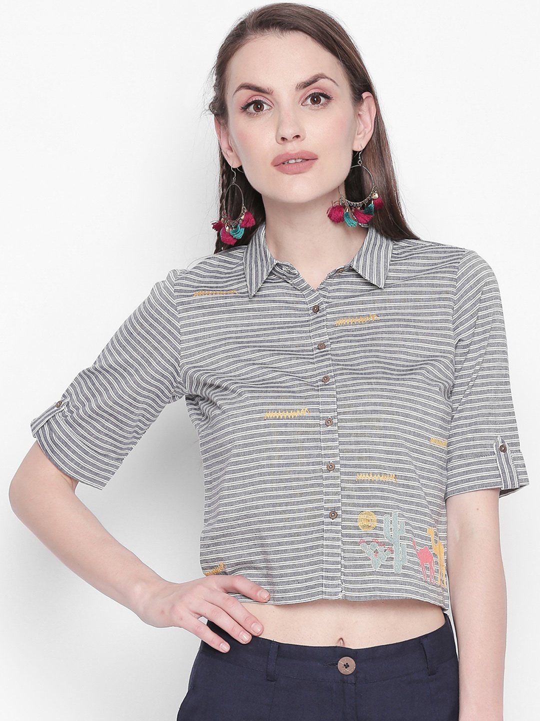 

AKKRITI BY PANTALOONS Women Black & White Striped Shirt Style Pure Cotton Top
