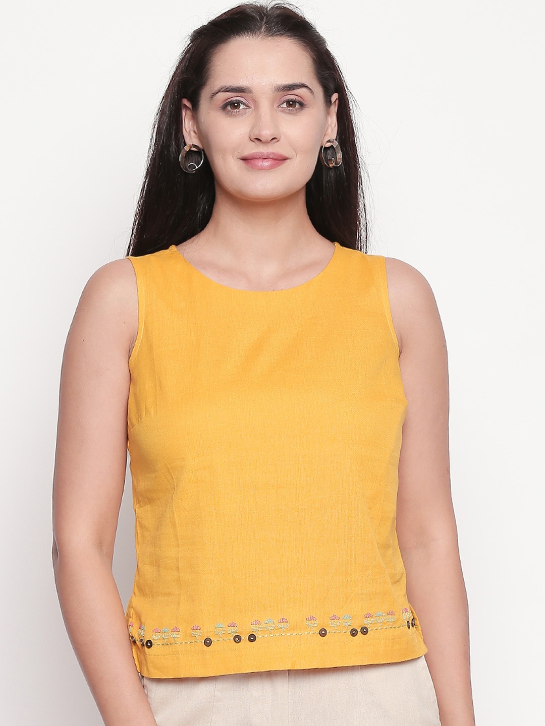 

AKKRITI BY PANTALOONS Women Mustard Yellow Embroidered Boxy Top