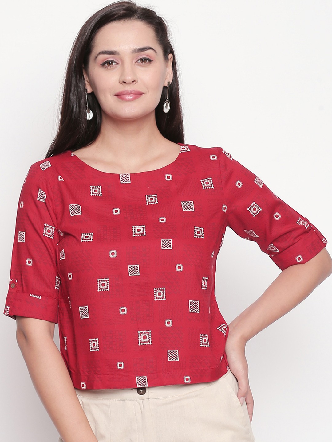 

AKKRITI BY PANTALOONS Women Red Printed Boxy Top