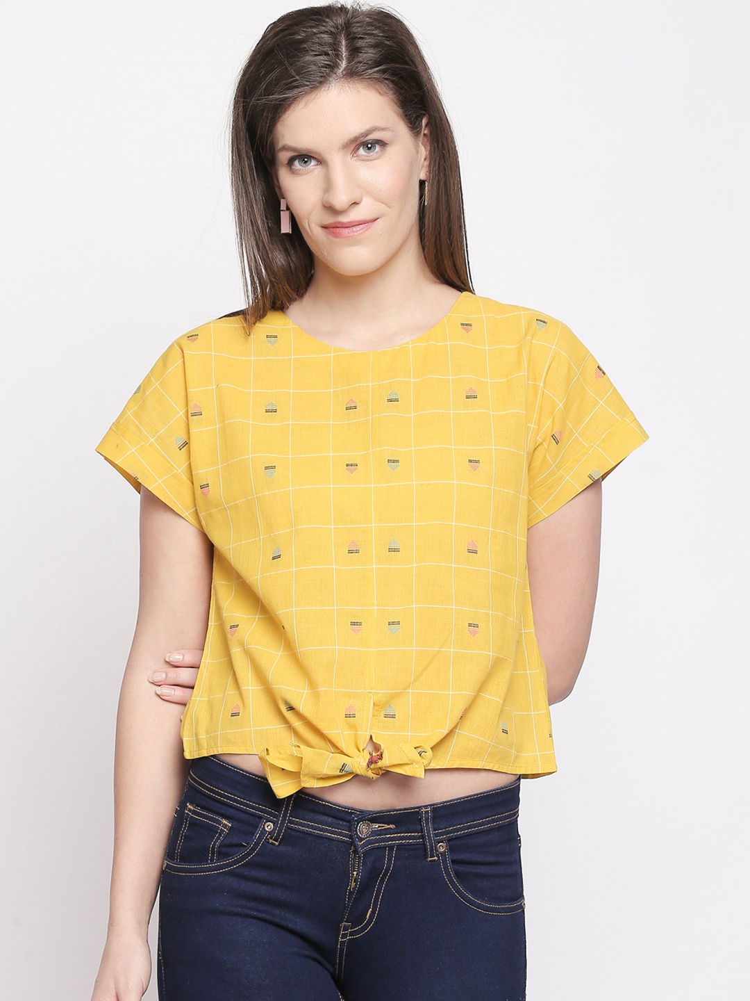 

AKKRITI BY PANTALOONS Women Mustard Yellow Self Design Boxy Pure Cotton Top