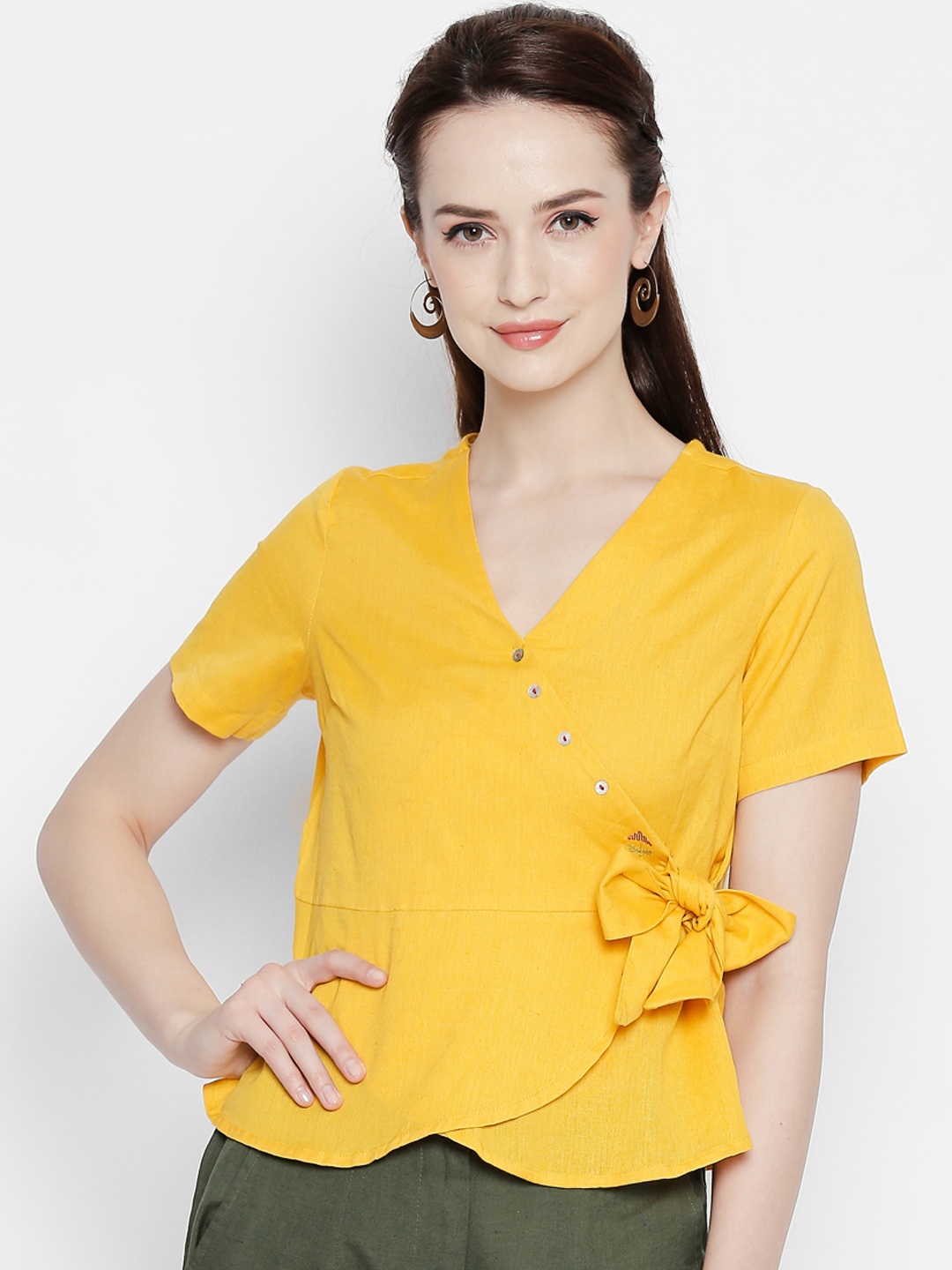 

AKKRITI BY PANTALOONS Women Yellow Solid Wrap Top