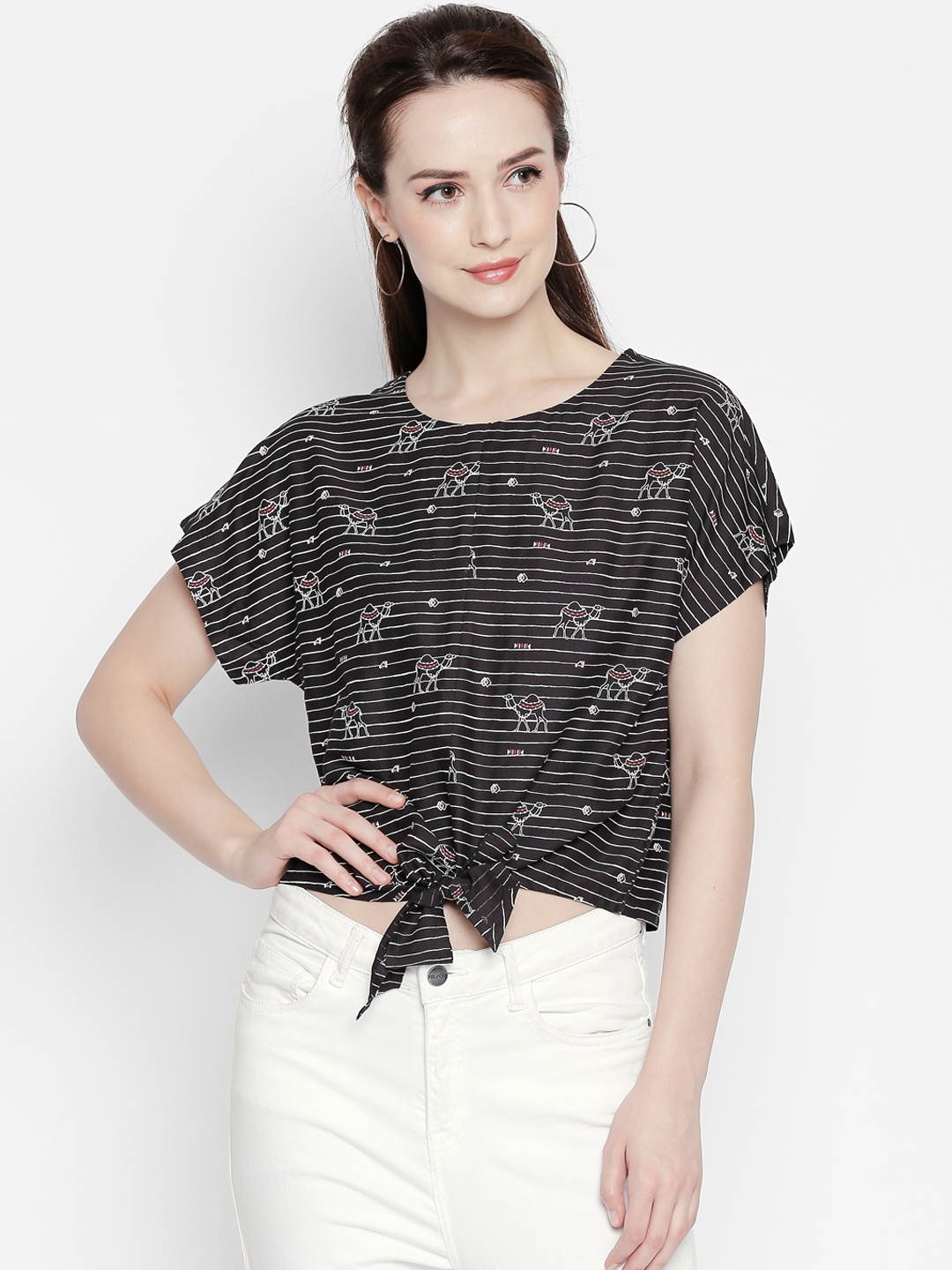 

AKKRITI BY PANTALOONS Women Black Striped Boxy Top