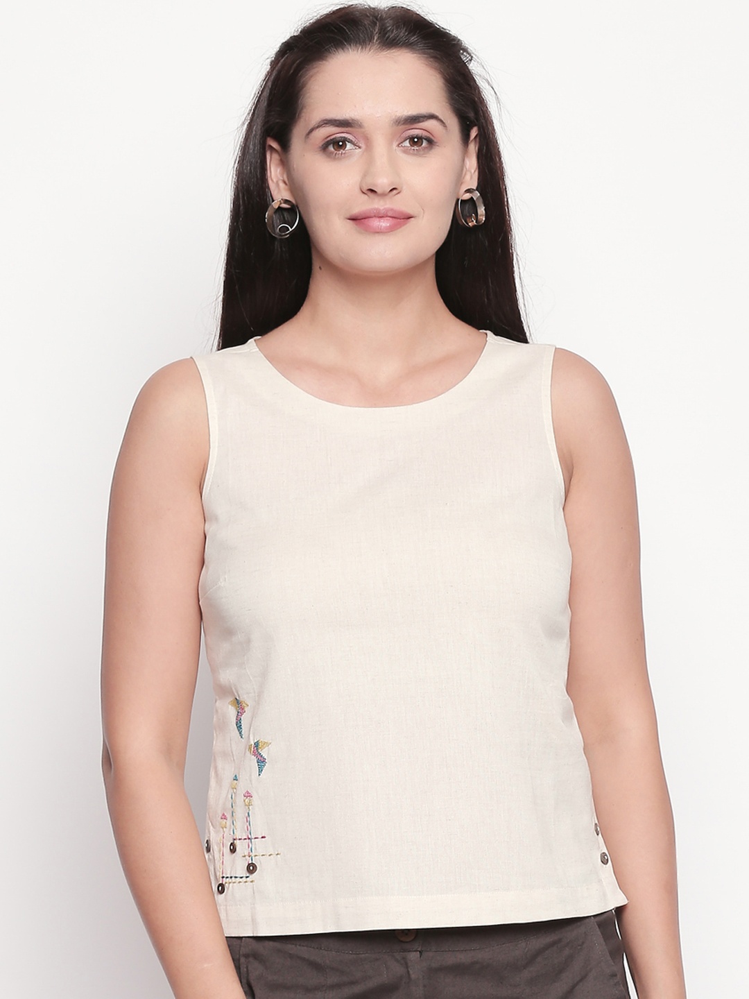 

AKKRITI BY PANTALOONS Women Off-White Embroidered Boxy Top