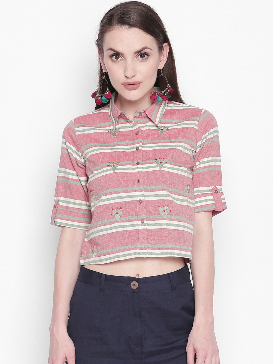 

AKKRITI BY PANTALOONS Women Pink & Cream Striped Shirt Style Pure Cotton Top