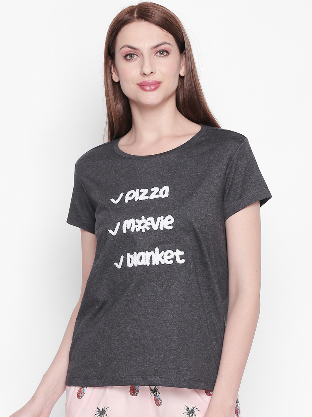 

Dreamz by Pantaloons Women Charcoal Grey Printed Lounge tshirt